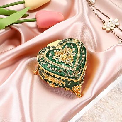 Hipiwe Vintage Jewelry Storage Box Heart Shaped Trinket Box Green Decorative Keepsake Box with Rose Pattern Treasure Organizer Holder for Women