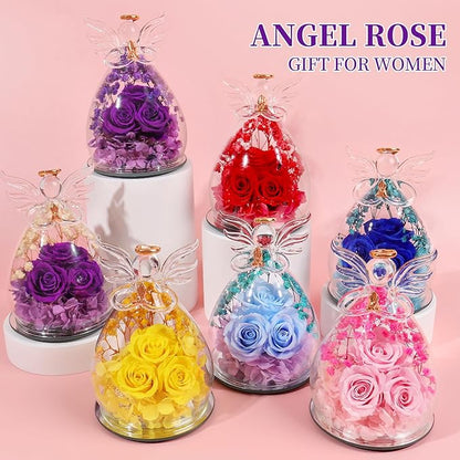 Beferr Christmas Birthday Gifts for Women, Mom Gifts for Christmas Fresh Flowers for Delivery Prime Forever Preserved Rose in Glass Angel Figurine Xmas Gifts for Grandma Wife Sister Her, Red