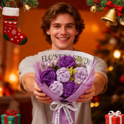 Purple Crochet Flower Bouquet, Purple Knitted Flowers Rose Crochet Bouquet Handmade for Wedding, Anniversary, Christmas, Graduation Crochet Gifts for Women (Includes Card)