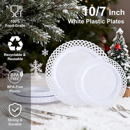 COLOSUS 60Pcs White Plastic Plates, Fancy White disposable Plates,Nice Scallop plates,Heavy Duty Lace Hollowed Out Plates include 30 Dinner Plate 10” and 30 Salad/Dessert Plate 7.5”for Christmas