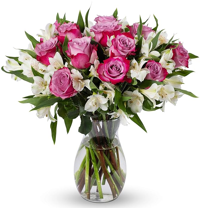 Benchmark Bouquets - Delightful Roses & Alstroemeria (Glass Vase Included) - Fresh Flowers for Delivery - Gift for Graduation, Birthday, Anniversary, Sympathy, Get Well, Congratulations
