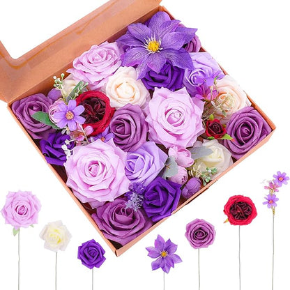 Jspupifip Purple Artificial Silk Flowers Combo Box Set, Fake Roses Daisy Flowers Arrangement Bouquets for DIY Wedding Flower Centerpiece Baby Shower Floral Home Decor