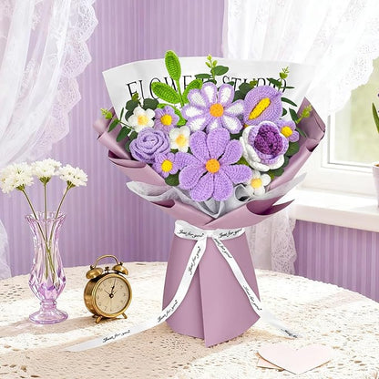 ICX Crochet Flowers Bouquet with Lights,Handmade Knitted Roses Flowers,Gesang Flower,Crochet Heart, Crochet Gift for Wedding, Birthday, Anniversary, Mother’s Day for Her, Girlfriend, Wife(Purple)