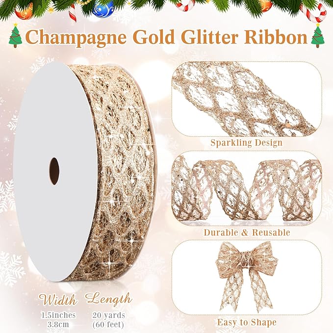 Geosar 20 Yards Champagne Gold Glitter Mesh Wired Ribbon for Christmas Tree Decorations, Gift Wrapping, DIY Craft, Xmas Wreaths, Cabinet Decor (1.5 Inch)