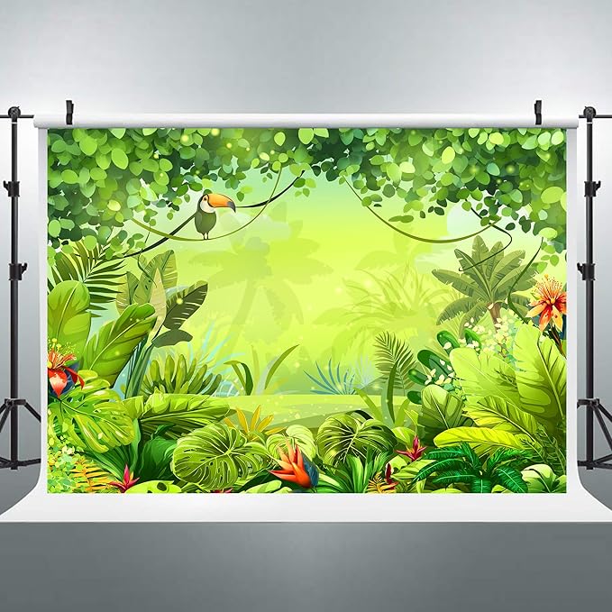 Riyidecor Jungle Safari Backdrop Fabric Polyester Green Animation Kids Rainforest Cartoon Photography Background 7Wx5H Feet Animal Decoration Celebration Props Party Photo Shoot Baby Shower Table