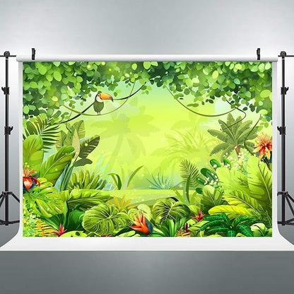 Riyidecor Jungle Safari Backdrop Fabric Polyester Green Animation Kids Rainforest Cartoon Photography Background 7Wx5H Feet Animal Decoration Celebration Props Party Photo Shoot Baby Shower Table