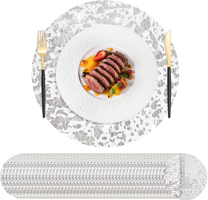 Hysenm 100 Pcs Disposable Silver Placemats Set Metallic 13 Inch Round Foil Mesh Pressed Table Doilies, Ultra-Thin Disposable Placement Mats for Home Decoration Dining Table Wedding Birthday Party