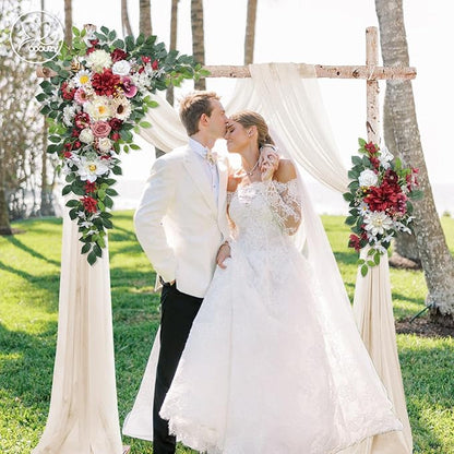 Wedding Arch Flowers Kit,Artificial Flower Arch Decor (Set of 3),2pcs Artificial Flower Arrangement with 1pc Sheer Drape for Wedding Decor Reception Backdrop Floral Decorations (Wine Red)