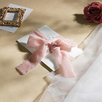 Dusty Pink Silk Velvet Ribbon 1.5 Inch Pink Frayed Edge Ribbon Rustic Style Fringe Velvet for Gift, Raw Edge Boho, Wedding Invitation Bridal Bouquet -3yards