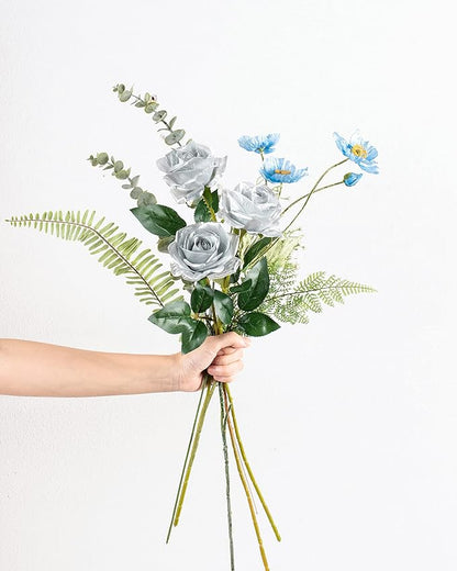 DuHouse 10pcs Silk Roses Artificial Flowers Fake Rose for Arrangement Wedding Party Home Decoration (Silver)