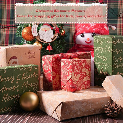 Happypapa Christmas Wrapping Paper, Kraft Xmas Wrapping Paper Rolls - Santa Claus, Trees, Snowflakes and Merry Christmas Pattern - 4 Rolls - 17 Inch × 120 Inch Per Roll