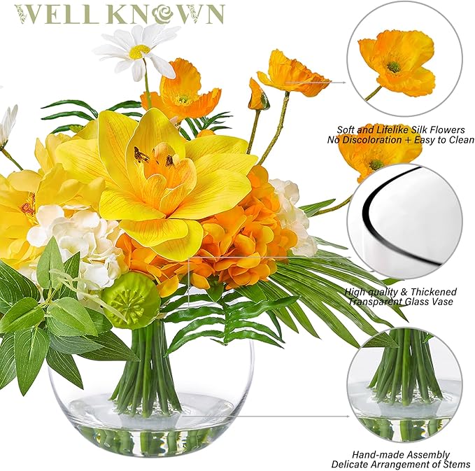 WELL KNOWN Artificial Silk Flowers in Glass Vase for Dining Table Decor, Tropical Orange Orchid Flowers Bouquet Arrangement with Faux Water for Home Office Wedding Party Dining Table Centerpieces Gift