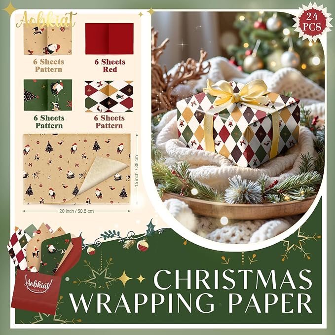 Aobkiat Christmas Tissue Paper for Bags,24 Sheets Red Green Santa Claus Reindeer Styles Gift Wrap Paper for Present Package,Wrapping Xmas Gift/Wine Bottles,DIY Craft,20×15inch/Sheets