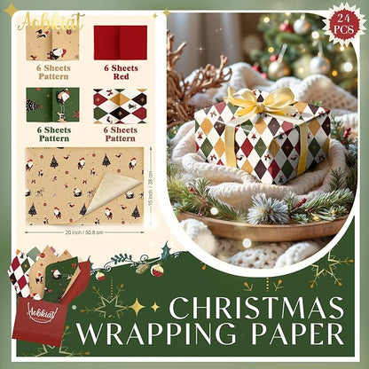 Aobkiat Christmas Tissue Paper for Bags,24 Sheets Red Green Santa Claus Reindeer Styles Gift Wrap Paper for Present Package,Wrapping Xmas Gift/Wine Bottles,DIY Craft,20×15inch/Sheets
