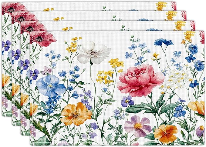 Poppy Floral Placemats Set of 4, Watercolor Wildflower Place Mats, Leaves Spring Dining Table Mats, Washable Flower Placemats for Kitchen Dining Room Home Decor 18L'' × 12W''