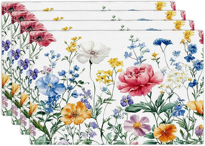 Poppy Floral Placemats Set of 4, Watercolor Wildflower Place Mats, Leaves Spring Dining Table Mats, Washable Flower Placemats for Kitchen Dining Room Home Decor 18L'' × 12W''