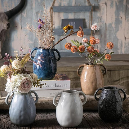 Black Ceramic Vase with 2 Handles, Modern Farmhouse Decor, Rustic Terracotta Pottery, Decorative Flower Vases, Clay Small Vase, Centerpiece for Dining Table - 7 Inch Tall