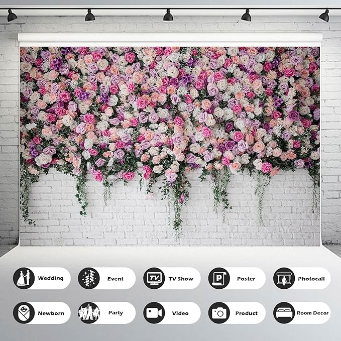 Rose Flowers Backdrop Beautiful Decorative Colorful Roses and Peonies on Brick White Wall Photography Background Interior Wedding Party Decorations Summer Flowers on Wall Building Props 15x8ft