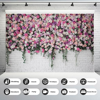 Rose Flowers Backdrop Beautiful Decorative Colorful Roses and Peonies on Brick White Wall Photography Background Interior Wedding Party Decorations Summer Flowers on Wall Building Props 8x6ft