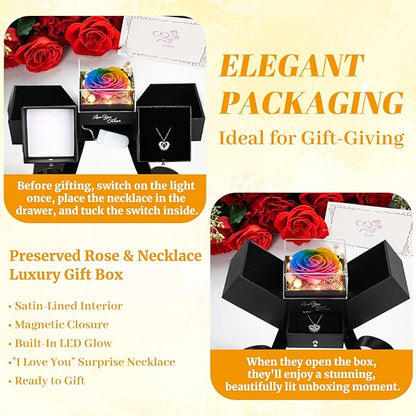 FIACO Gifts for Women Preserved Real Roses with I Love You Necklace Fresh Forever Flowers Birthday Gifts for Mom Grandma Wife Girlfriend on Anniversary Christmas Valentines Romantic Gift