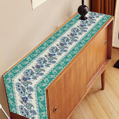Paisley Table Runner, Rustic Blue Green Bohemian Damask Exotic Flower Cafe Table Center Decor for Home Kitchen Dining Patio Holiday Party Indoor Outdoor Table Decorations 13x108 inch