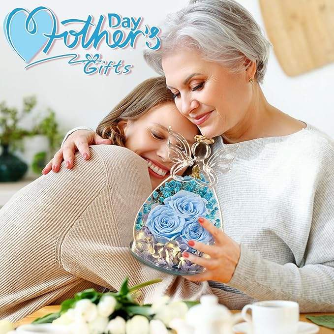 Beferr Christmas Birthday Gifts for Women, Mom Gifts for Christmas Fresh Flowers for Delivery Prime Forever Preserved Rose in Glass Angel Figurine Xmas Gifts for Grandma Wife Sister Her, Light Blue