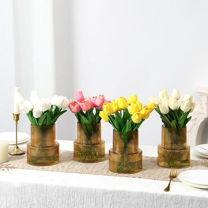Ribbed Glass Vases, Set of 4 Small Vases for Flowers, Amber Glass Vase for Tulips, Modern Vase for Living Room, Kitchen, Office, Entryway, Bookshelf, Wedding Gifts, Birthday, 6 Inches