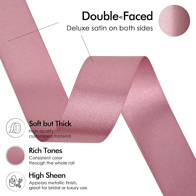 MEEDEE Rosy Mauve Ribbon 1 Inch Mauve Satin Ribbon Lux Double Faced Satin Ribbons by 50 Yards Polyester Pink Wrapping Ribbons for Crafts, Weddings, Flower Bouquet, Holiday Decorating