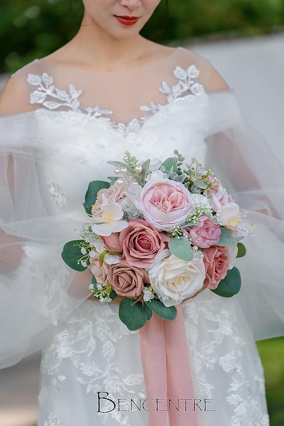 10 Inch Dusty Rose Bridal Bouquet,Wedding Bouquet, Bride Bouquets for Wedding Ceremony Anniversary, Party and French Rustic Vintage Wedding,Artificial Flowers