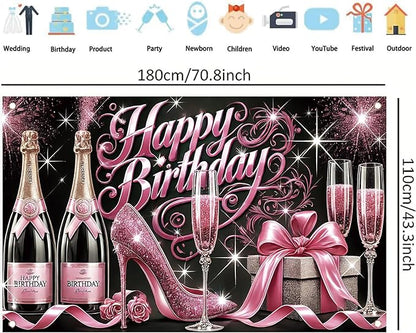 Happy Birthday Backdrop Banner Glitter High Heels Wine Glass Photography Background Poster for Women Girls Birthday Party Decorations Supplies 71 x 43 Inch
