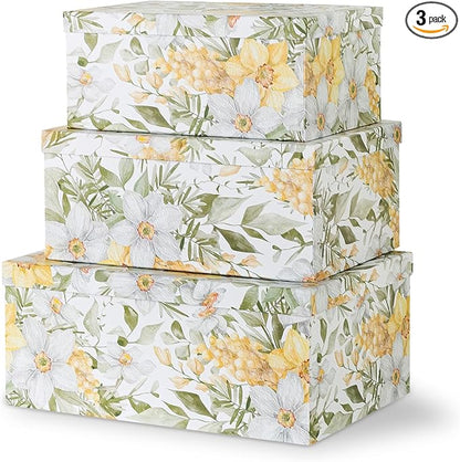 Soul & Lane Garden Glory Decorative Boxes with Lids - Set of 3: Floral Photo Storage, Stackable Small Home Decor Boxes, Nesting Gift Cartons, Boho Print Mache Containers, Cardboard Document Storage