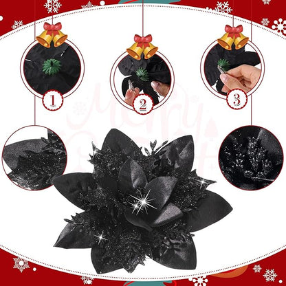 36 Pcs Christmas Glitter Artificial Poinsettia Flowers Xmas Poinsettia Artificial Wedding Flowers Decorations Xmas Tree Ornaments with Clips for Party, 6 Inch, 4 Inch, 3 Inch(Black)