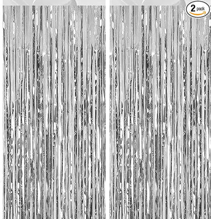 2 Pack 3.28 ft x 6.56 ft Silvery Tinsel Curtain Party Backdrop Decorations, Metallic Foil Fringe Backdrop Door for Halloween, Christmas, Birthday Graduation Wedding Party Streamers Photo Backdrop.