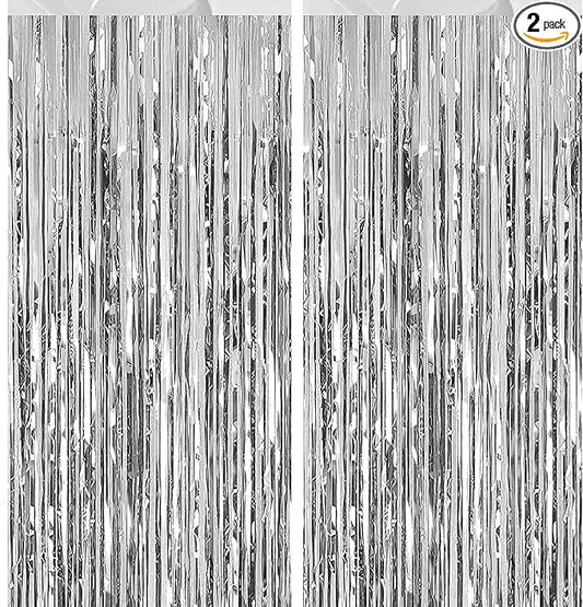 2 Pack 3.28 ft x 6.56 ft Silvery Tinsel Curtain Party Backdrop Decorations, Metallic Foil Fringe Backdrop Door for Halloween, Christmas, Birthday Graduation Wedding Party Streamers Photo Backdrop.