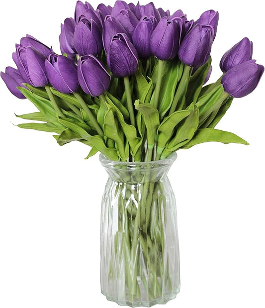 Artificial Flowers 10 Heads Mini Real Touch Artificial Tulip for Home Wedding Party Centerpiece Decoration (Dark Purple)