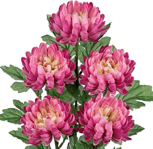 Hollyone 5Pcs Fake Mums Flowers Pink Artificial Chrysanthemum Flowers Silk 22.8inch Long Stem Floral Arrangements Bouquets Faux Spider Mum Flower Pincushion Flower Bush Spring Home Decor
