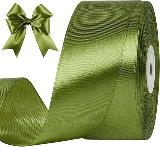 1-1/2 Inches 50 Yards Olive Green Satin Ribbon, Solid Fabric Ribbon Roll for Flower Bouquets, Gift Wrapping, Wedding, Handmade Crafts