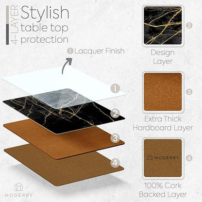 Set of 4 Heat Resistant Cork Placemats for Dining Table with Free Set of 4 Matching Drink Coasters Marble Design 16 x 12 Inches Cork Backed Hard Placemats (Black & Gold)