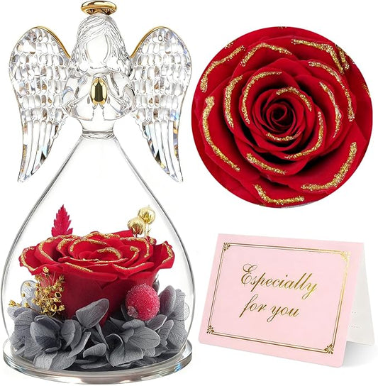 Yamonic Mom Birthday Gifts for Moms, Angel Figurines with Real Rose Gifts for Her Mother Grandma, Preserved Flowers Rose Angel Figurines for Mothers Day Christmas Birthday Gifts for Women(Redgold)