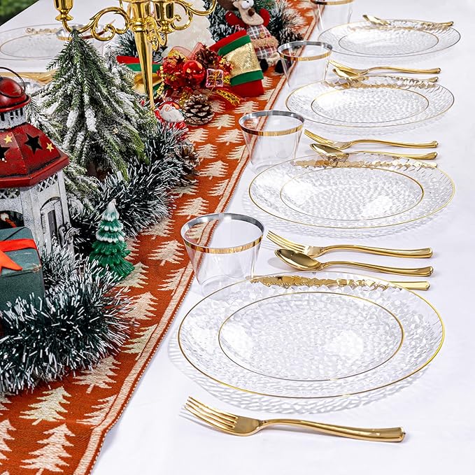 Rubtlamp 175 Pcs Plastic Dinnerware Set (25 Guests), Clear And Gold Plastic Plates, Hammered Party Plates Include Dinner Platos, Dessert Platos, Cups, Gold Cutlery Set And Napkins for Christmas