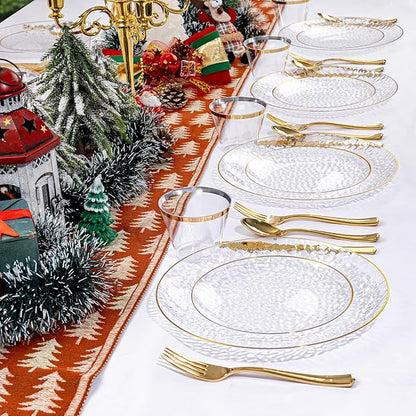 Rubtlamp 175 Pcs Plastic Dinnerware Set (25 Guests), Clear And Gold Plastic Plates, Hammered Party Plates Include Dinner Platos, Dessert Platos, Cups, Gold Cutlery Set And Napkins for Christmas