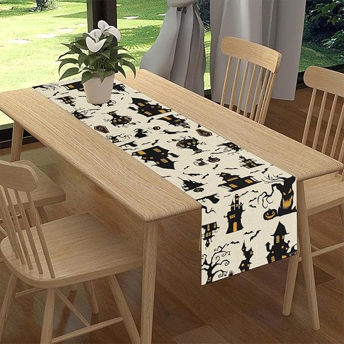 Halloween Table Runner, Retro Gothic Spoonky House Day of Death Mysterious Halloween Coffee Table Center Decor for Home Kitchen Dining Patio Holiday Party Table Decorations 13x90 inches