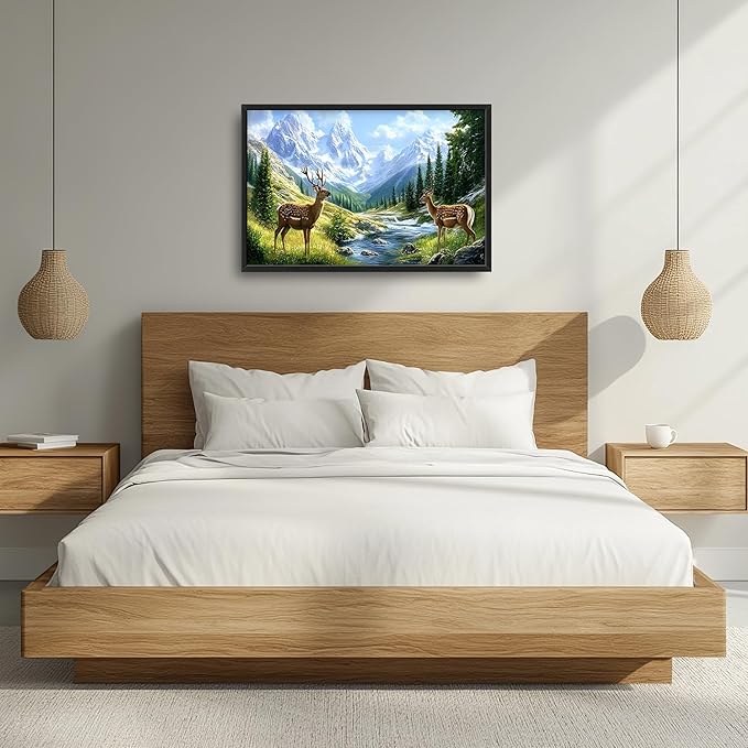 Mountain Forests Deer Large Wall Art Framed Farmhouse Wall Decor for Living Room Rustic Elk Pictures Oversized Canvas Print Painting Modern Extra Large Framed Artwork for Bedroom Office 36"x24"