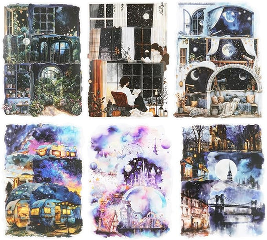 60 Pcs Fantastic Night PET Sticker Set, Large Starry Night and Window Scene Stickers for Scrapbooking, Journaling, and DIY Crafts