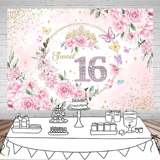 Mocsicka Sweet 16 Backdrop Rose Gold Sweet Sixteen Party Decoration Girls Pink Floral Gold Glitter Butterfly 16 Birthday Banner for Photoshoot (10x7ft)