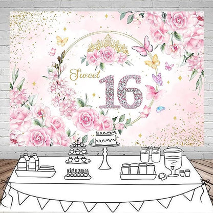 Mocsicka Sweet 16 Backdrop Rose Gold Sweet Sixteen Party Decoration Girls Pink Floral Gold Glitter Butterfly 16 Birthday Banner for Photoshoot (6x4ft)