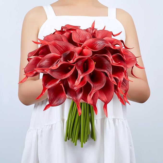 SITUMEIZI 24 PCS Burgundy Artificial Calla Lily Fake Flowers Silk Flower Real Touch for Home Kitchen Decor Wedding Bouquet Office Decoration