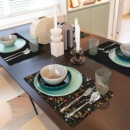 Mushroom Placemats Set of 6,Vintage Forest Moth Table Mats Heat Resistant Washable for Kitchen Dining Table Spring Summer Place Mats Linen 12x18 Inch 6 PCS, Style-4