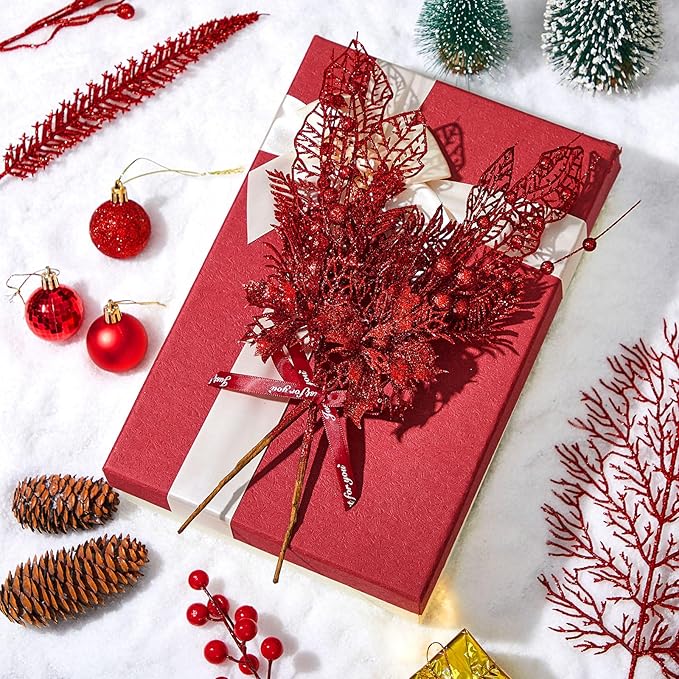 30 Pcs Artificial Christmas Tree Picks and Sprays Glitter Berry Stem Branches Holly Floral Picks Twigs Christmas Tree Ornaments for DIY Xmas Wreath Vase Filler Decorations(Red)