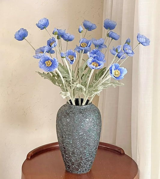 Set of 6 Poppies Flowers Artificial, Real Touch Silk Flowers with Long Stems for Vase, Realistic Faux Wildflowers Arrangement for Home Office Farmhouse Wedding Party Indoor Decor (Dark Blue)